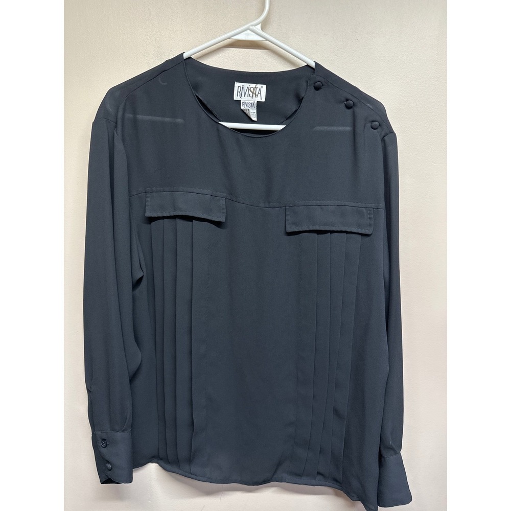 Rivista Black Pleated Pocket‎ Long Sleeve Button Cuff Blouse Women Size 12